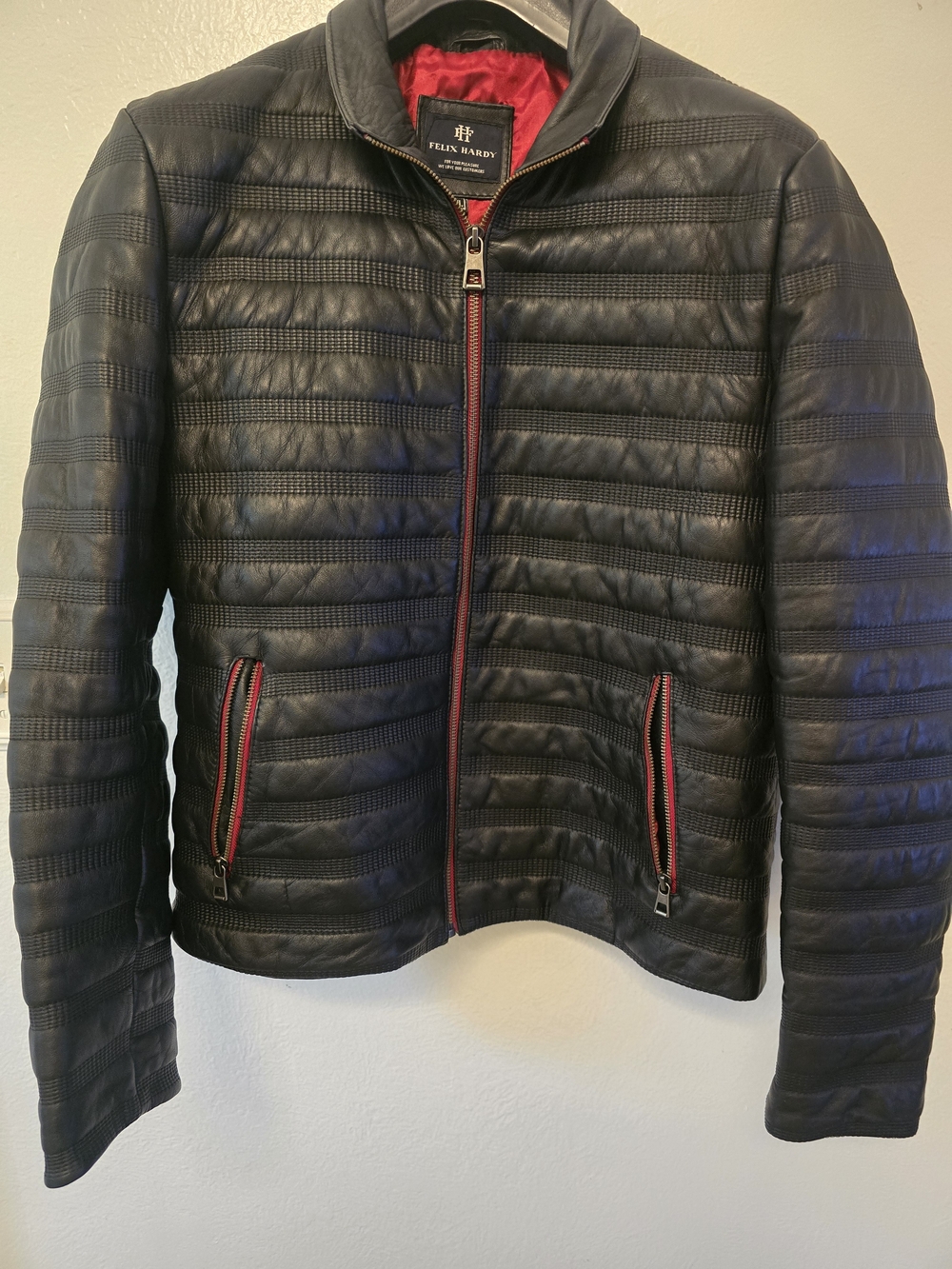 Black Quilted Puffer LEATHER Jacket with Red Trim